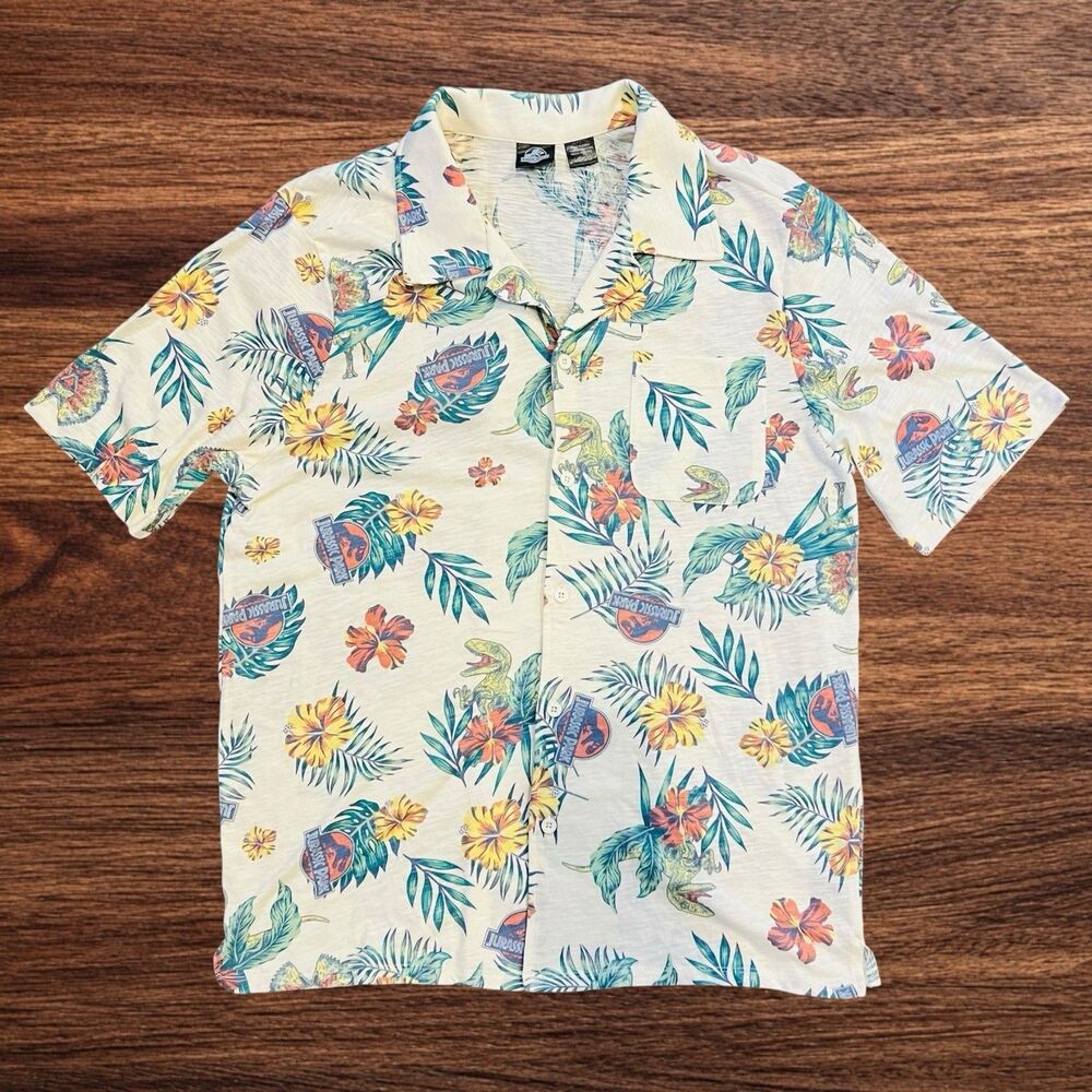 Jurassic World Men Tropical Aloha Shirt Dinosaur Floral Button Down Cream Large